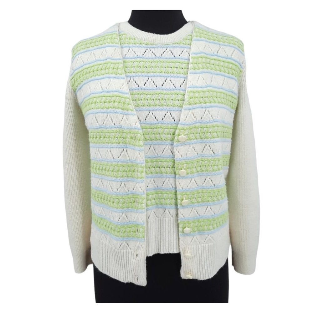 VTG 60s Wintuk Green Blue Stripe Sleeveless Knit Top Cardigan Twin Set Size S - Picture 1 of 9